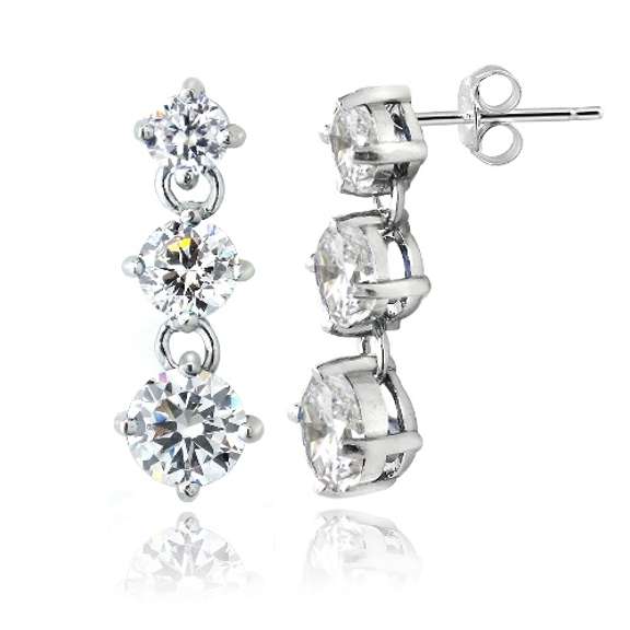 Sterling Silver CZ Three Stone Dangle Earrings