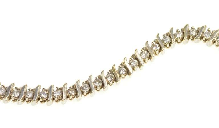 14K White Gold Diamond Inset Classic Wavy Link Tennis Bracelet