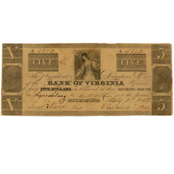 $ 5 July 3 1858 Bank Of Virginia Richmond Note