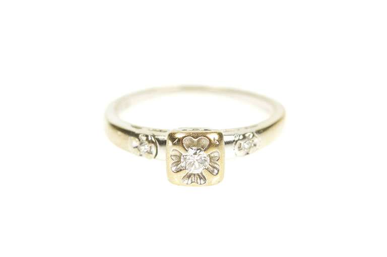 14K White Gold 1940's Three Stone Diamond Engagement Ring