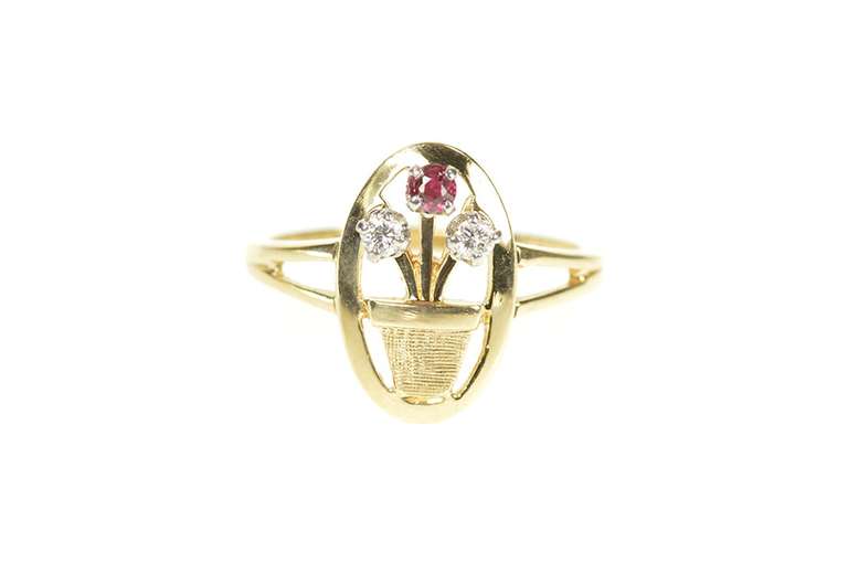 14K Yellow Gold Ruby Diamond Floral Bouquet Flower Pot Ring