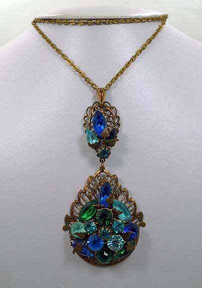Vintage Necklace, Cluster Rhinestone Brass Dangle Pendant