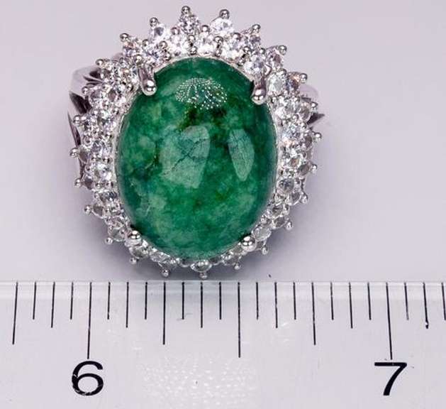 Lavish Natural Emerald & White Sapphire Ring in Sterling Silver