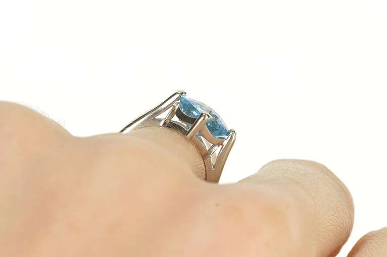 14K White Gold Cushion Faceted Blue Topaz Statement Ring