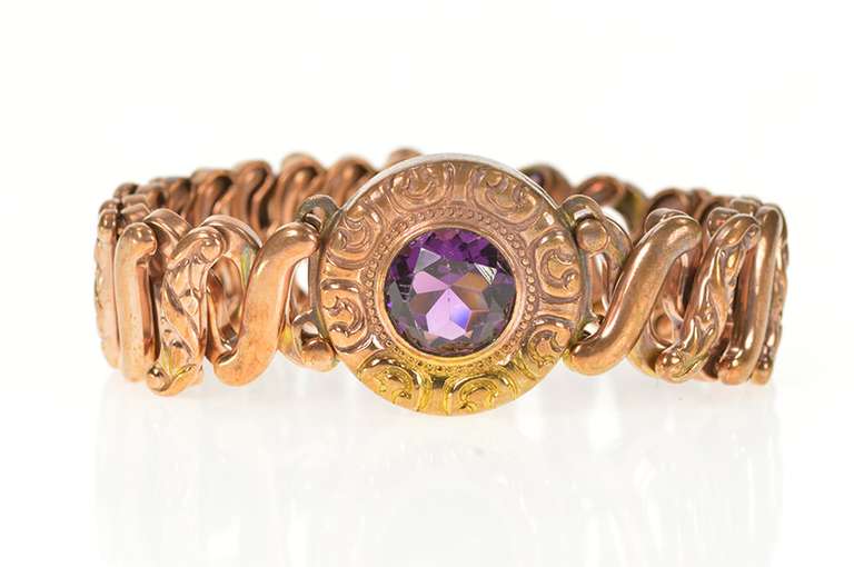 Gold Filled Retro Ornate Sim. Amethyst Ornate Scrollwork Bracelet