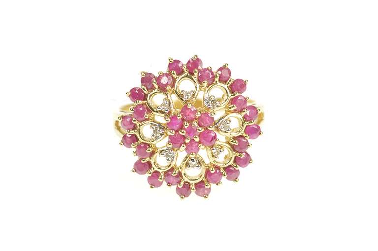 9K Yellow Gold Ruby Diamond Ornate Halo Filigree Cocktail Ring