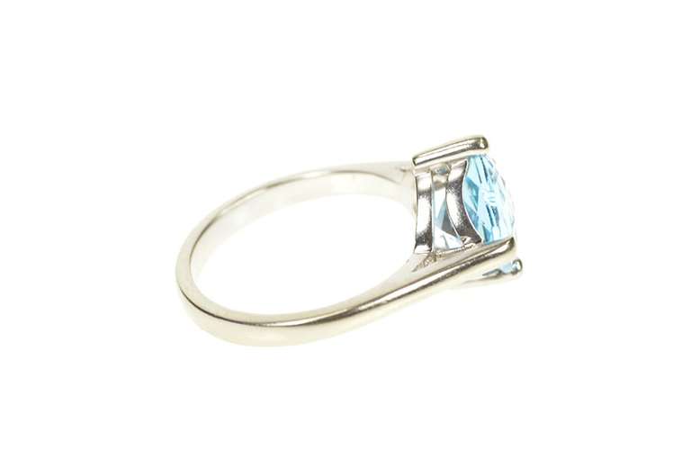 14K White Gold Cushion Faceted Blue Topaz Statement Ring