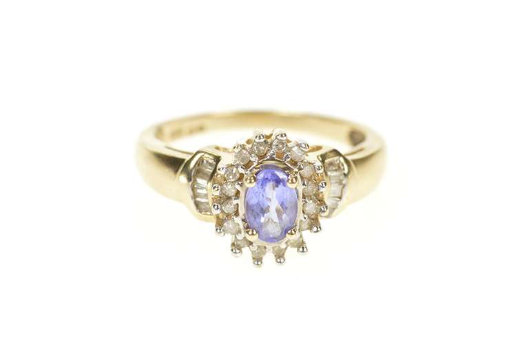 10K Yellow Gold Oval Tanzanite Diamond Halo Engagement Ring