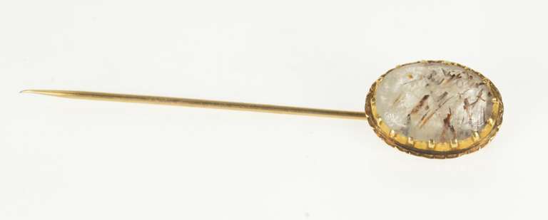 14K Yellow Gold Retro Oval Rutilated Quartz Cabochon Stick Pin