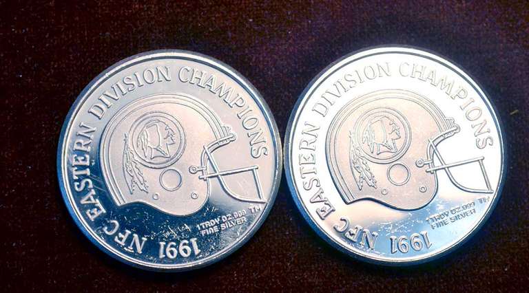 2 X 1 OZ 1991 Washington Redskins Division Champs Silver Rounds