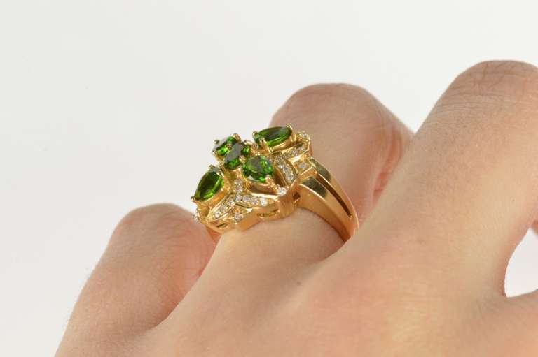 14K Yellow Gold Ornate Green Tourmaline Diamond Cocktail Ring