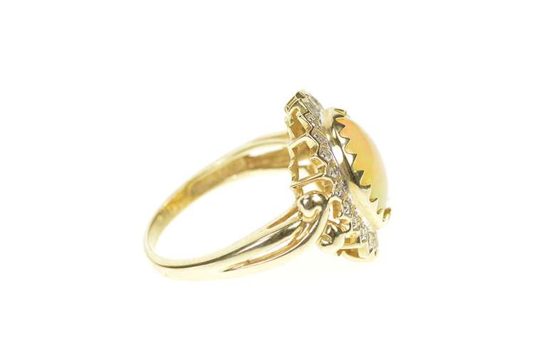 10K Yellow Gold Mexican Fire Opal Ornate Diamond Halo Cocktail Ring