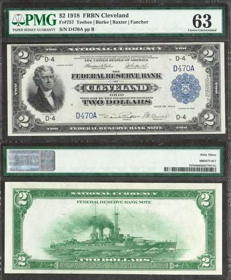 $2 1918 FRBN Cleveland Battleship Fr. 757 3 Digit SN D470A PMG Ch Unc 63