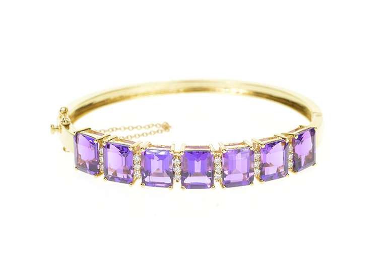 14K Yellow Gold Emerald Cut Amethyst Diamond Inset Bangle Bracelet
