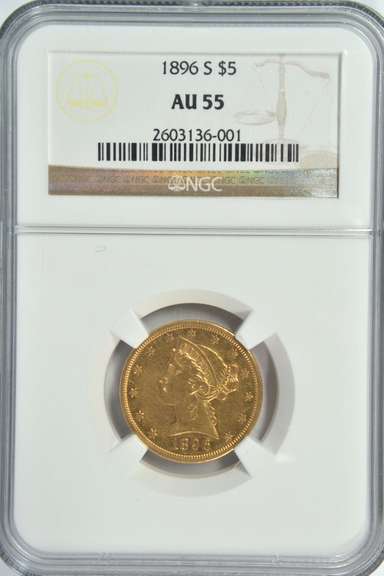 Scarce Near Mint 1896-S $5 Liberty Gold Piece. NGC AU55