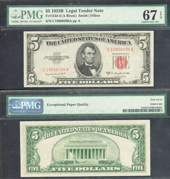 $5 1953-B Fr. 1534 USN LEGAL TENDER RED SEAL PMG SUPERB GEM UNC 67 EPQ