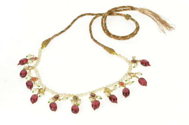 14K Yellow Gold Victorian Ruby Pearl Tourmaline Fringe Woven Necklace