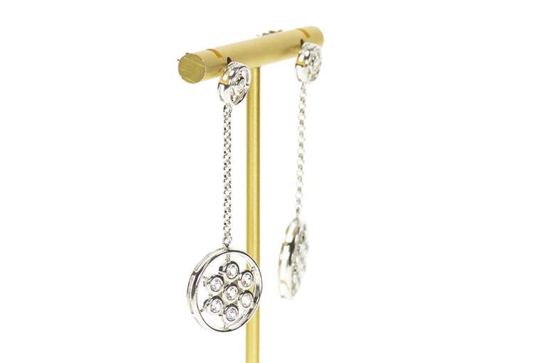 14K White Gold Round Floral Cluster Dangle Chain CZ Earrings