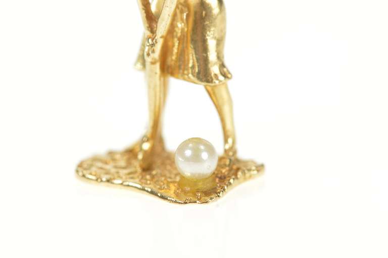 14K Yellow Gold 1960's Retro 3D Golfer Lady Pearl Charm/Pendant