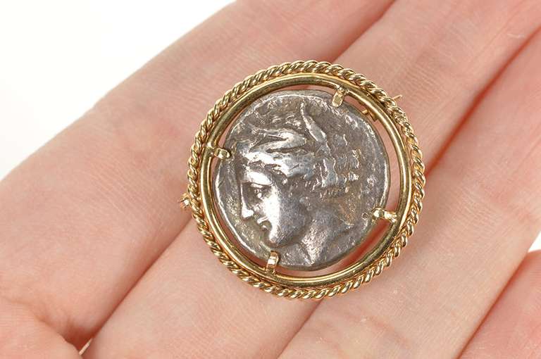 14K Yellow Gold Ancient Greek Coin Rope Trim Statement Pin/Brooch