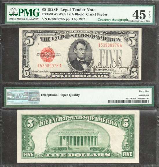 $5 1928-F LT John W. Snyder Autograph Sec. of Treasury Red Seal PMG Ch EF 45EPQ