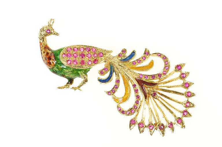18K Yellow Gold 1960's Ruby Encrusted Peacock Statement Pin/Brooch