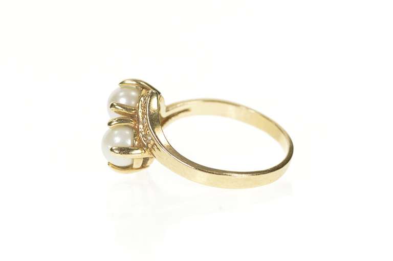 10K Yellow Gold Two Pearl Diamond Accent Bypass Engagement Ring