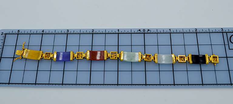 Gold Over Sterling Multi Color Jade Bracelet With Chinese Symbols