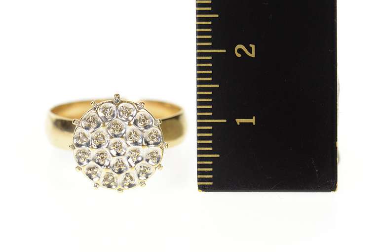 10K Yellow Gold Round Retro Raised Diamond Cluster Statement Ring