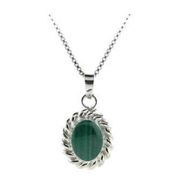 Sterling Silver Malchite Oval Twisted Border Pendant