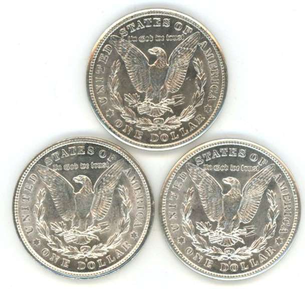 3 Super nice 1921-S Morgan Silver Dollars. Flashy-white