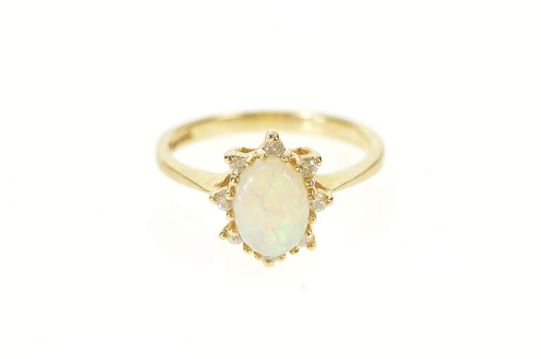 14K Yellow Gold Natural Opal Diamond Halo Engagement Ring