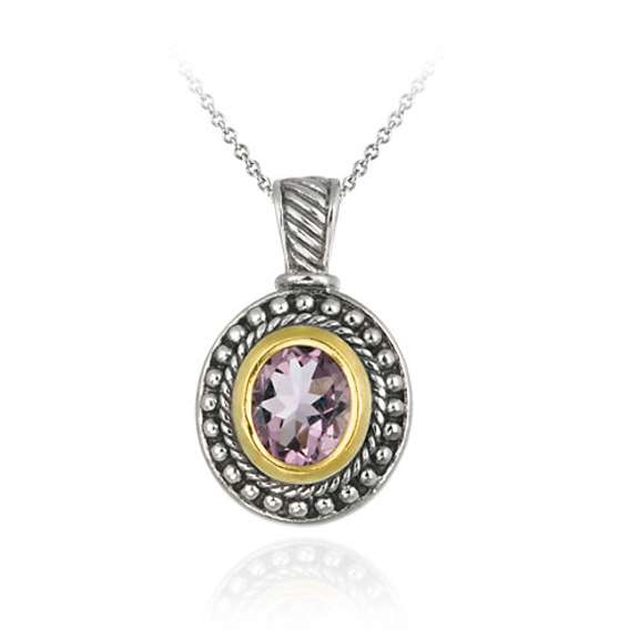 Sterling Silver Two Tone Designer Inspired Amethyst Oval Pendant w/ Beaded Border