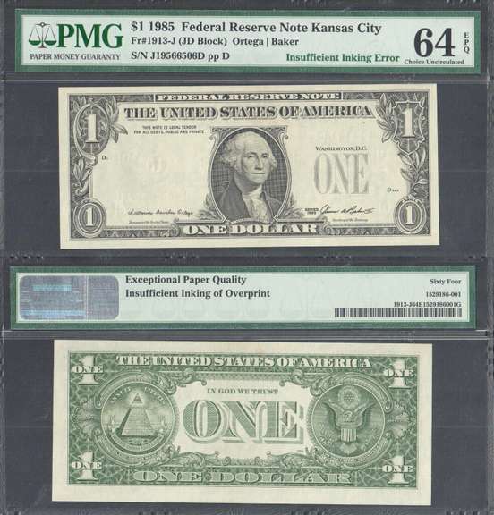 $1 1985 FRN MISSING OVERPRINT ERROR No Seals + Serials PMG Ch Unc 64 EPQ