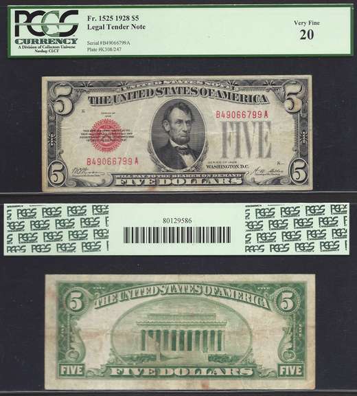 $5 1928 First of the Small Size Notes USN. PCGS 20