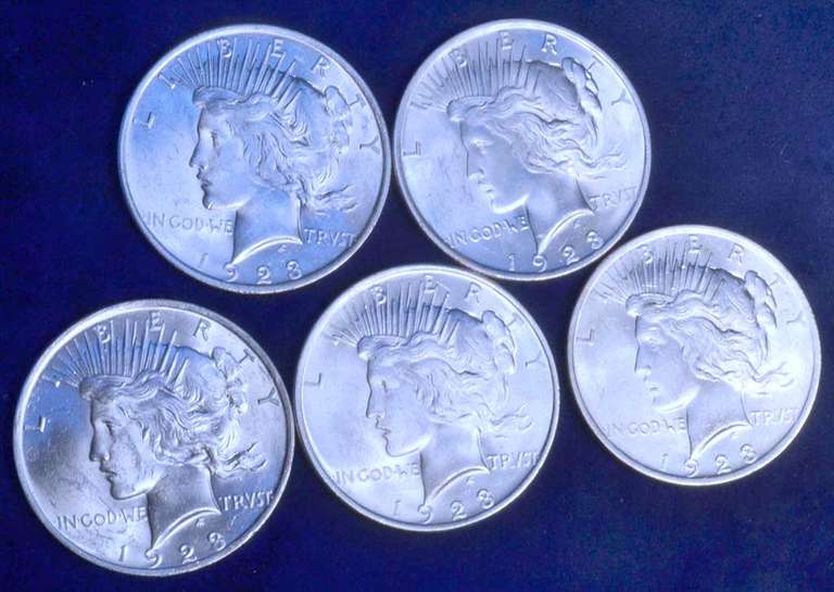 Lot of 5 AU/UNC 1923 Peace Dollars