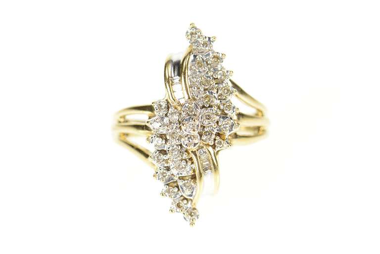 10K Yellow Gold Diamond Encrusted Bypass Cluster Statement Ring