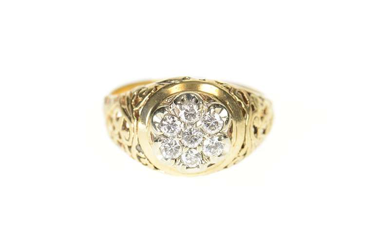 10K Yellow Gold Round Retro Scroll Filigree Diamond Cluster Ring