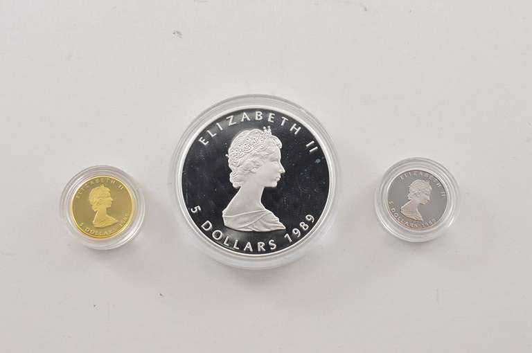 (3) 1989 Canada 5 Dollars Silver, Gold & Platinum Maple Leaf Commem.
