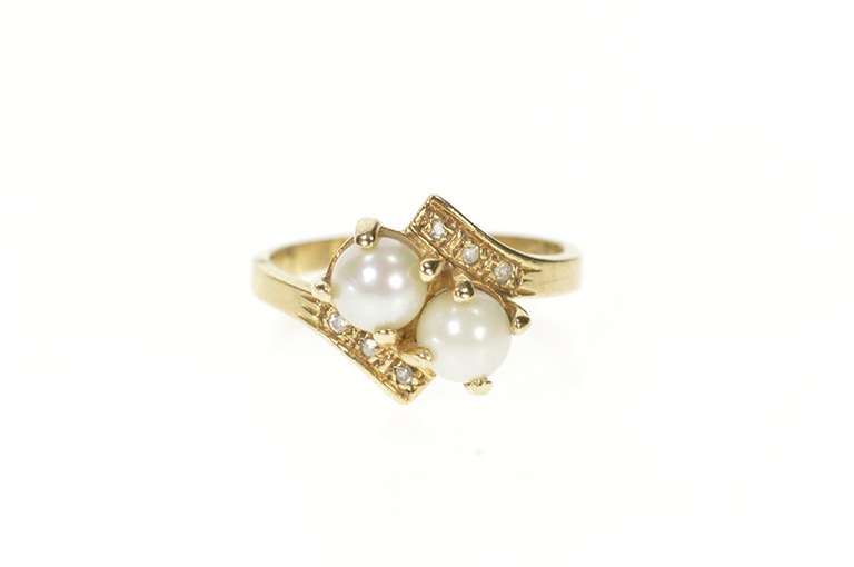 10K Yellow Gold Two Pearl Diamond Accent Bypass Engagement Ring