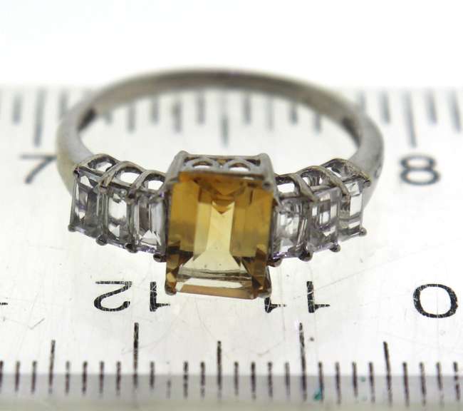 Sterling Silver Baguette Cut Citrine And crystals Ring