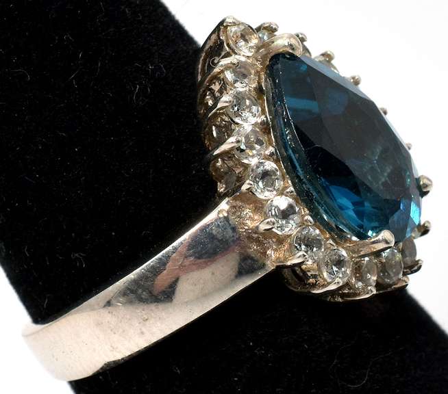 Sterling Silver Dark Blue Aqua Marine & White Topaz Ring
