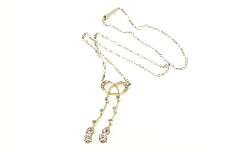 14K Yellow Gold 0.74 Ctw Edwardian Diamond Bow Drop Chain Necklace