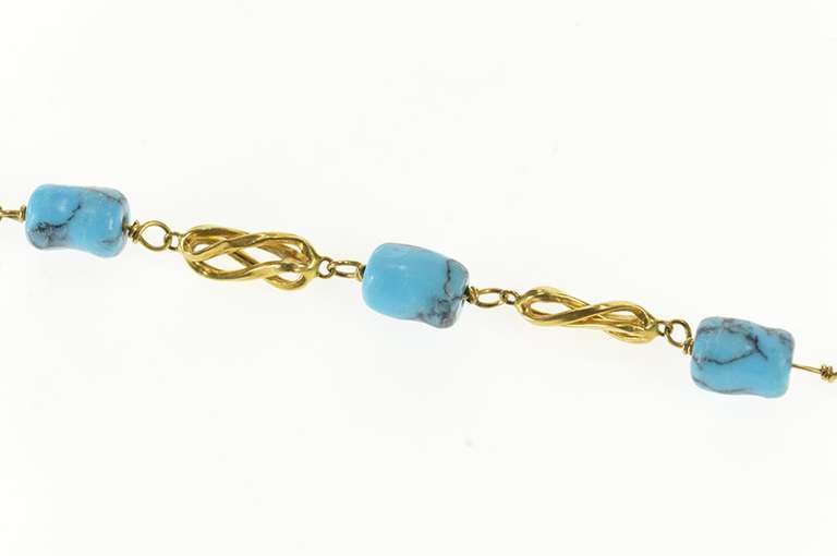 18K Yellow Gold Round Carved Turquoise Bead Twist Chain Bracelet