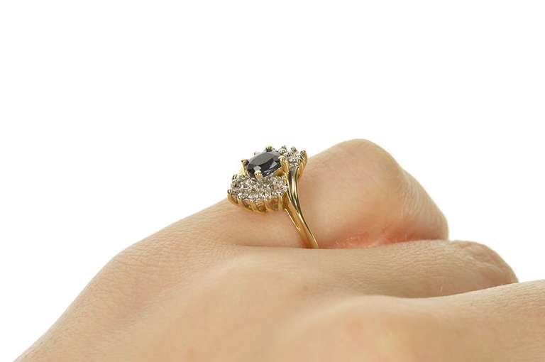 14K Yellow Gold 0.80 Ctw Oval Sapphire Diamond Halo Bypass Ring