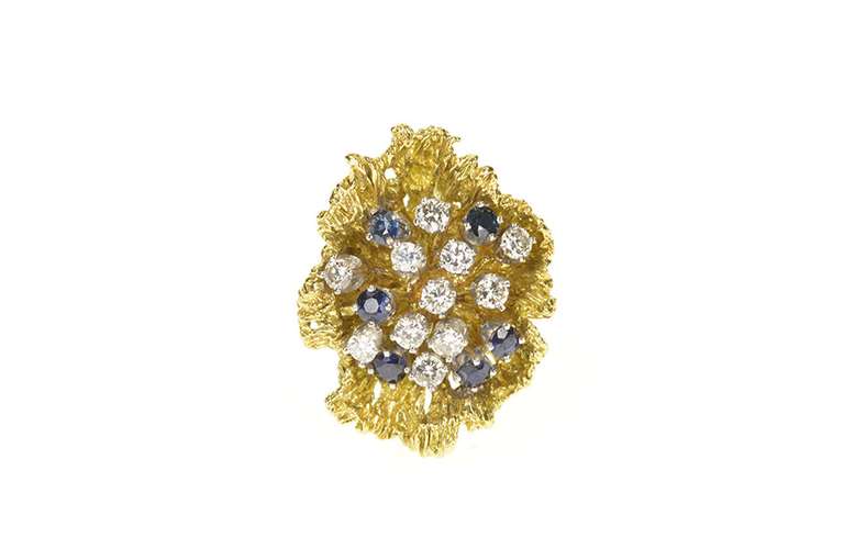 14K Yellow Gold 1.02 Ctw Diamond Sapphire Cluster Cocktail Ring