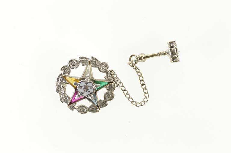 10K White Gold Order of the Eastern Star Spinel Chain Lapel Pin/Brooch