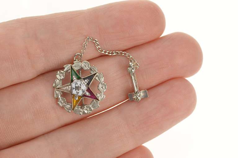 10K White Gold Order of the Eastern Star Spinel Chain Lapel Pin/Brooch