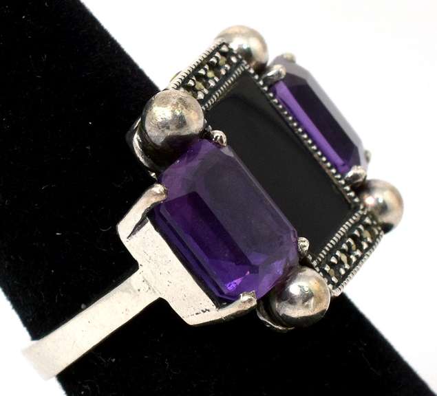 Vintage Sterling Silver Onyx, Amethyst, and Marcasite Ring