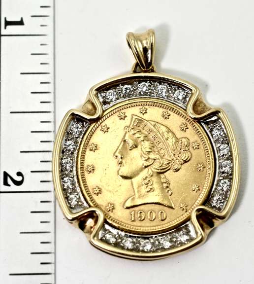 1900 $5 Gold Piece in 14K Pendant with Diamonds